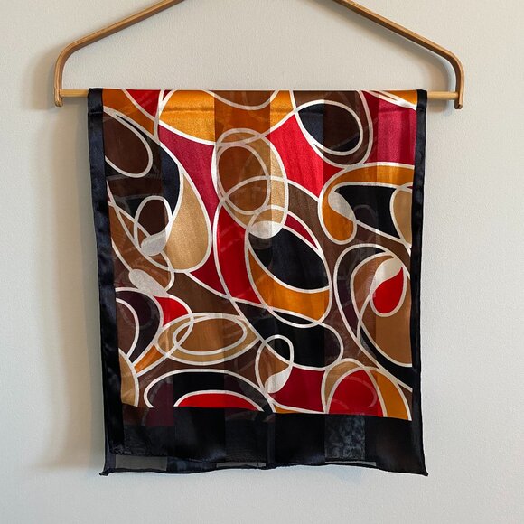 2/$20 ๐ Vintage Oldstock Sheer Scarf with Red, Black, Orange Abstract Pattern - Picture 3 of 8